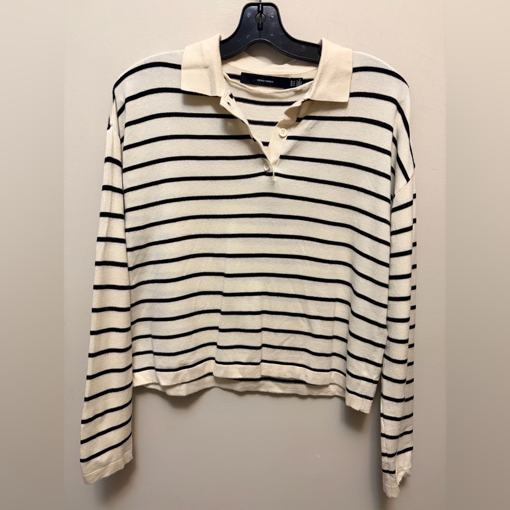 Vero Moda Cream Black Striped Knit Polo Relaxed Top - Picture 2 of 7